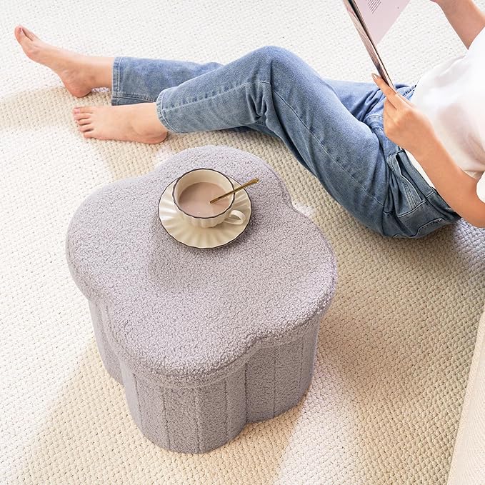B FSOBEIIALEO Storage Ottoman Cube, Flowers Shaped Ottomans with Storage Foot Stool Footrest, Boucle Ottoman Seat for Dorm Room, Faux Teddy Fur, Grey 15"x15"x15"