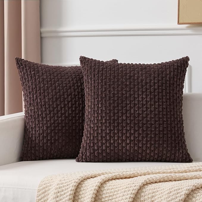 Kevin Textile Decorative Pillow Covers Set of 2 Striped Plush Corduroy Pillows Pillowcases Boho Home Decor Cushion Covers for Couch Sofa Bed Living Room 16x16 Inch, Coffee