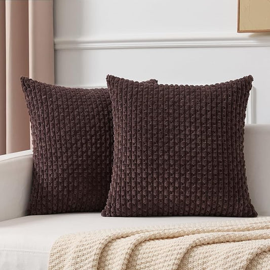Kevin Textile Decorative Pillow Covers Set of 2 Striped Plush Corduroy Pillows Pillowcases Boho Home Decor Cushion Covers for Couch Sofa Bed Living Room 16x16 Inch, Coffee
