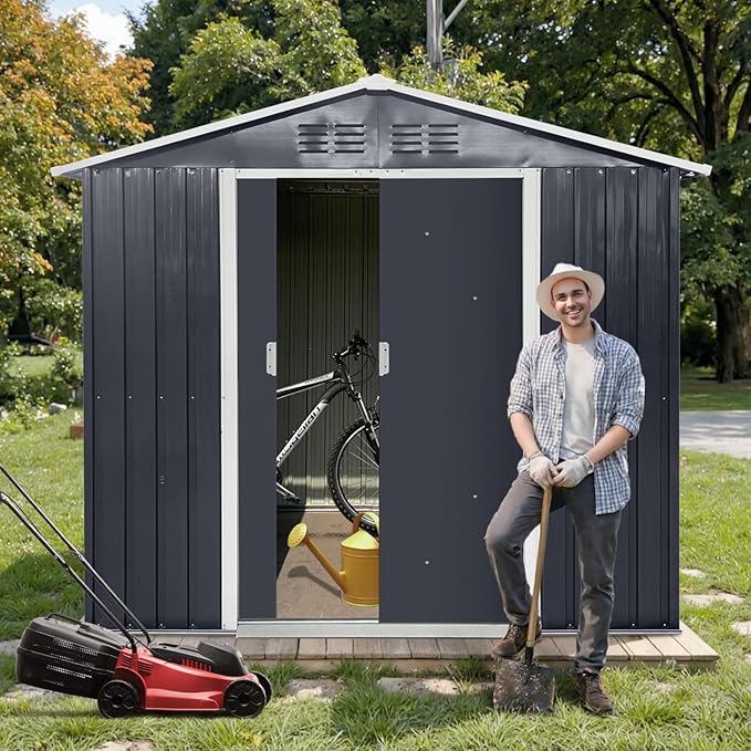 7' x 4.3' Outdoor Storage Shed, Sturdy Metal Building w/Windows & Lockable Doors for Garden, Backyard, Poolside and Lawn, Anthracite