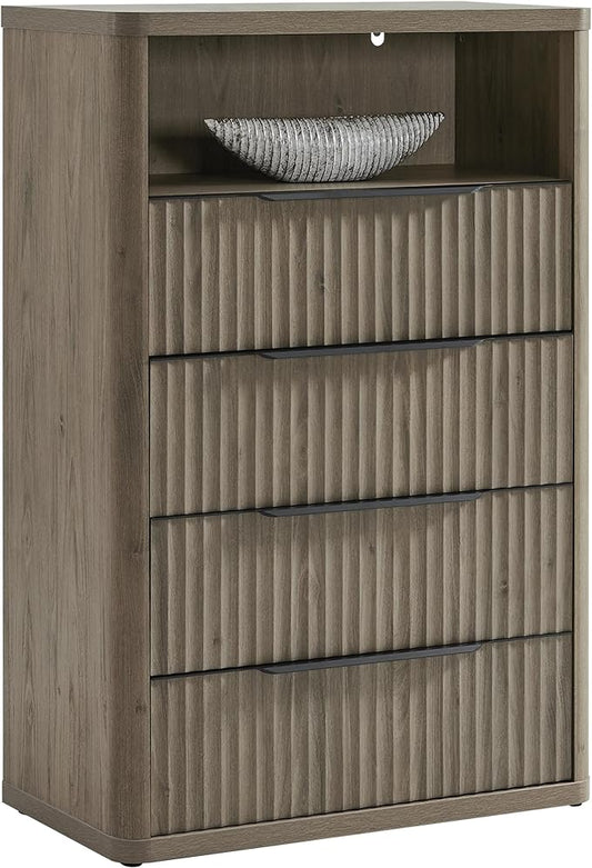 SICOTAS Dresser for Bedroom - Tall Dressers & Chests of Drawers with 4 Drawers Large Modern Dresser for Closet Fluted Wide TV Stand Clothes Closet Storage for Bedroom Hallway Entryway, Grey Alder