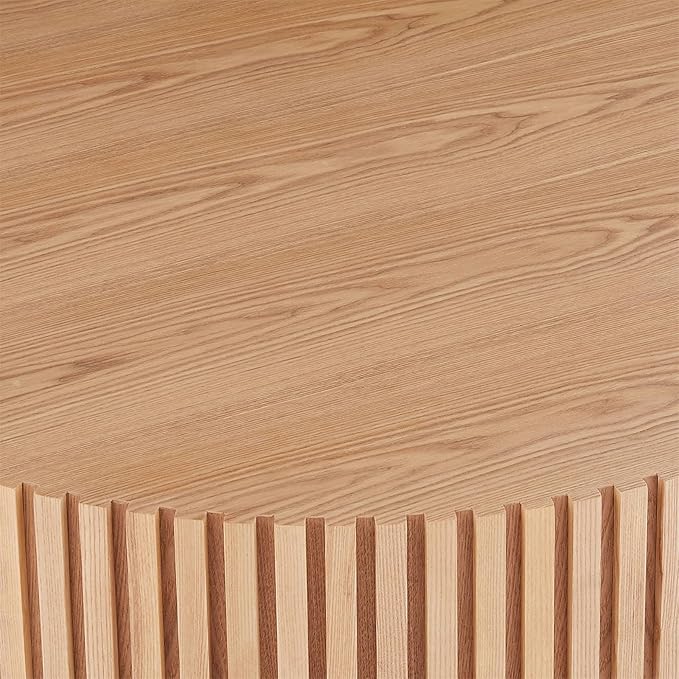 Round Coffee Table for Living Room, Accent Fluted Drum Coffee Table with Storage, Modern Solid Wood Circle Center Tea Table for Small Space Apartment (35.4''D×14''H-Natural)