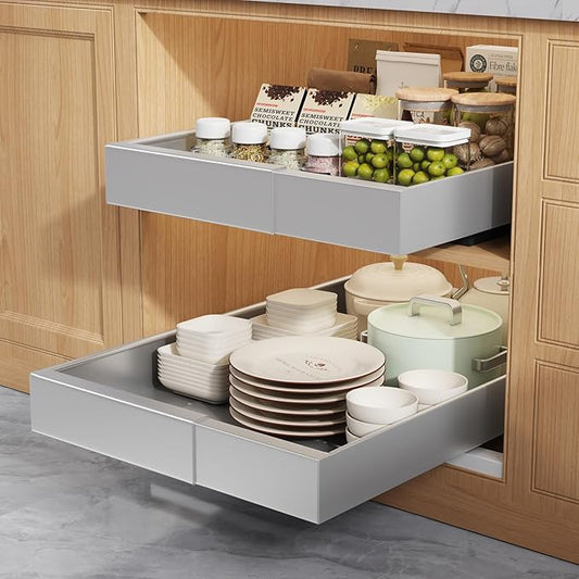 2 Pack Pull Out Cabinet Organizers 21" Deep With Raising Pad for Framed Cabinets, Expandable Width (9"-14") Slide Out Drawers Upgrade 3 Slide Rails, Roll Out Shelves Adhesive, Silver