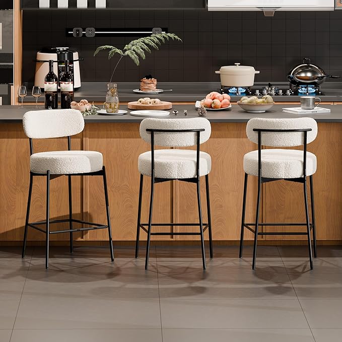 DYHOME Bar Stools Set of 3, 24 Inches White Boucle Barstools Counter Height Barstool with Curved Back Metal Legs, Modern Upholstered Barstools for Kitchen Island, Cafe