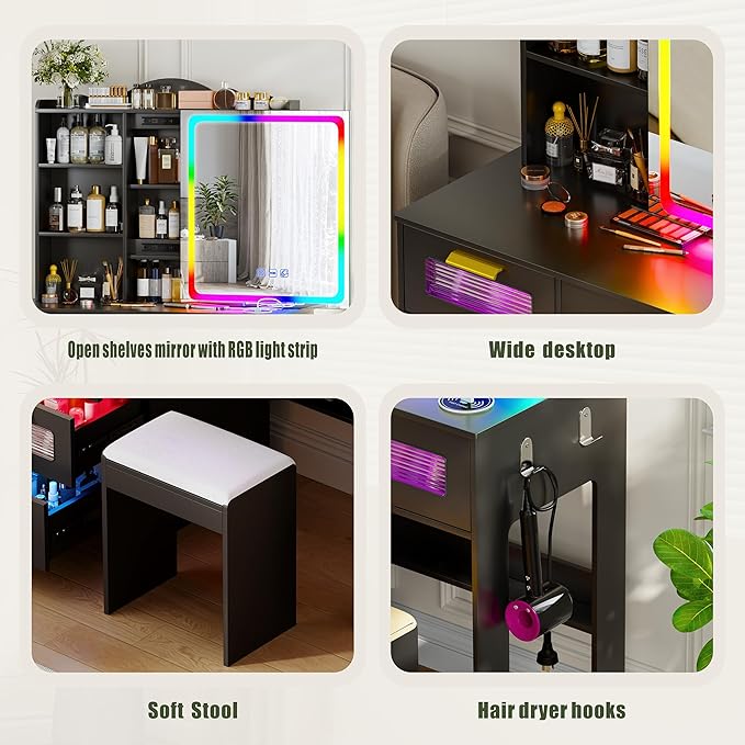 Vanity Desk with Sliding Vanity Mirror and RGB Lights,Makeup Vanity Desk with Charging Station,LED Vanity Table with Hidden Storage,Dressing Table Set with Stool&5 Drawers for Bedroom,Black
