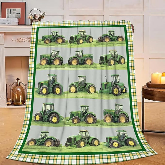 Truck Blanket Soft Cozy Green Truck Plush Throw Blanket Warm Equipment Tractor Flannel Fleece Bedding Stuff Decor Blanket Gifts for Lover Teens Kids Girls Boys Women Adults Bed Travel 50"x60"