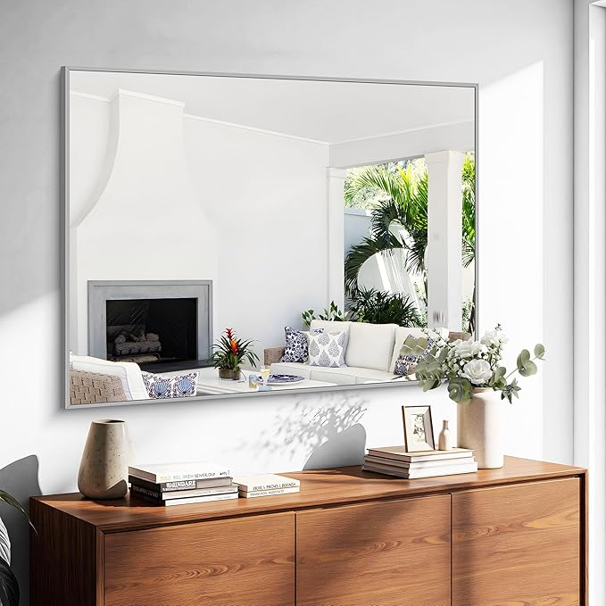 KOCUUY Silver Bathroom Mirror, 48"x36" Large Rectangular Mirror with Metal Frame, Brushed Nickel Vanity Mirror with Modern Design for Bathroom, Living Room, Entryway, Hang Horizontal/Vertical