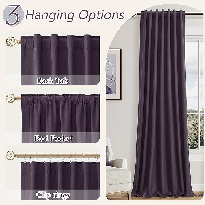 Guken Blackout Curtains 96 Inch Length 2 Panels Set for Living Room Bedroom Back Tab Thermal Insulated 100% Black Out Linen Drapes Room Darkening Window Curtains 96 Inches Long,Plum