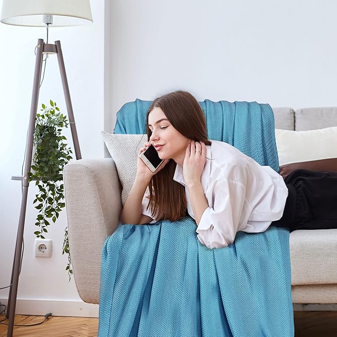 PiccoCasa 100% Cotton Knit Throw Blanket,Solid Lightweight Decorative Throws and Blankets,Soft Knitted Throw Blanket for Sofa Couch, Horizon Blue 50" x 60"