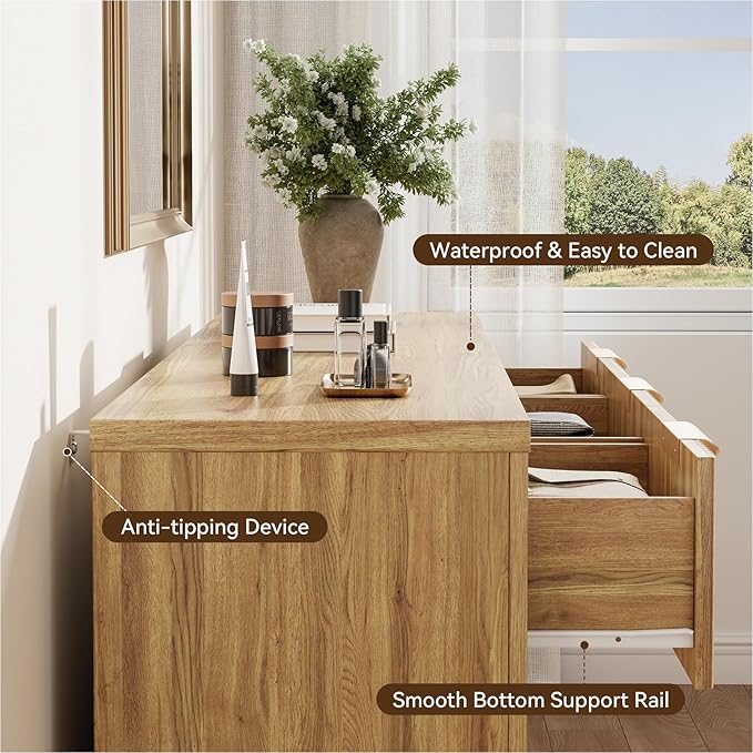 Fluted Dresser for Bedroom, 7 Drawer Dresser with Gold Handle, 54" Wide Chest of Drawers, Modern Wood Dressers Organizer for Bedroom, Liveroom, Entryway, Natural Oak