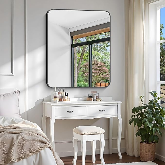 Bathroom Mirror, 36 x 30 inch Metal Framed Black Rectangle Mirror, Rounded Corner Rectangular Vanity Mirror, Wall Mounted Mirror for Modern Bedroom Living Room Hangs Horizontal or Vertical