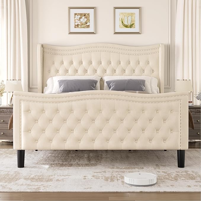 Full Bed Frame with Tall Headboard & Footboard, Velvet Upholstered Platform Bed Frame with Deep Button Tufted Wingback, No Box Spring Needed, Noise Free, Beige