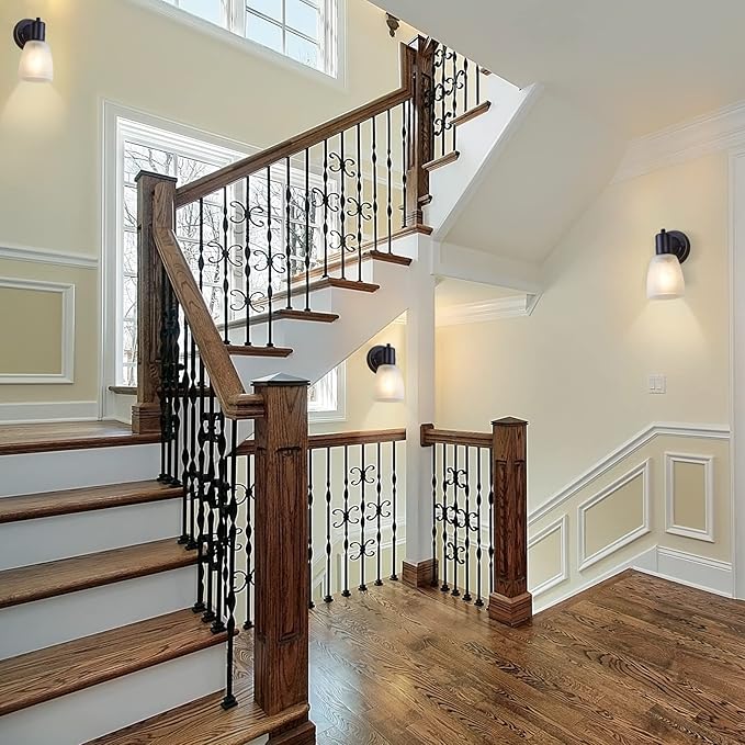 Wall Sconces Set of 2, Matte Black Vanity Lights for Bathroom, Modern Wall Light Fixtures with Rotary Switch, Wall Mount Light with Frosted Glass, Farmhouse Wall Lamp for Bedroom Mirror Living Room