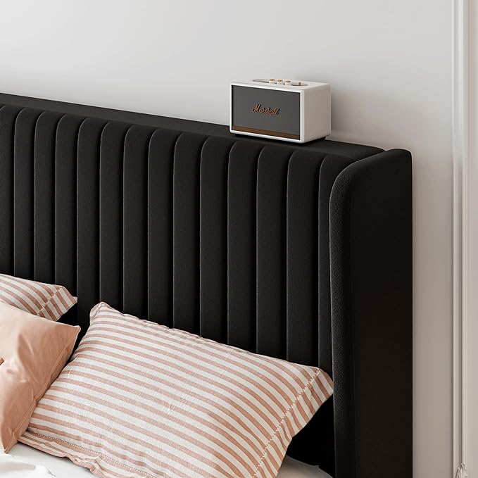 SHA CERLIN King Size Velvet Bed Frame with Vertical Channel Tufted Wingback Headboard, Upholstered Platform Bed with Wood Slats, No Box Spring Needed, Easy Assembly, Black