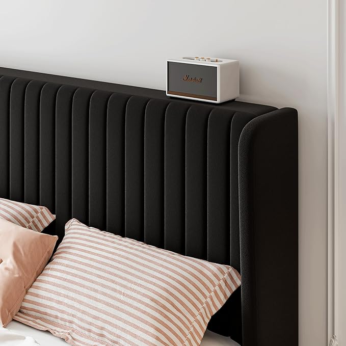 SHA CERLIN Full Size Velvet Bed Frame with Vertical Channel Tufted Wingback Headboard, Upholstered Platform Bed with Wood Slats, No Box Spring Needed, Easy Assembly, Black