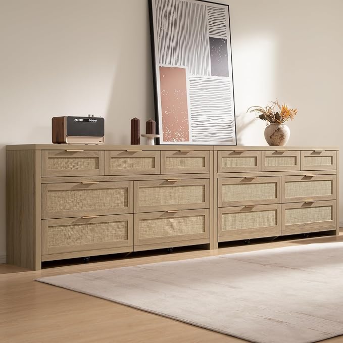 SICOTAS 7 Drawer Dressers for Bedroom Set 2, Long Rattan Dresser, Dresser TV Stand, Closet Organizer Chest of Drawers, Clothes Storage Dressers (Reclaimed Light Oak, 7 Drawers (2 pcs))
