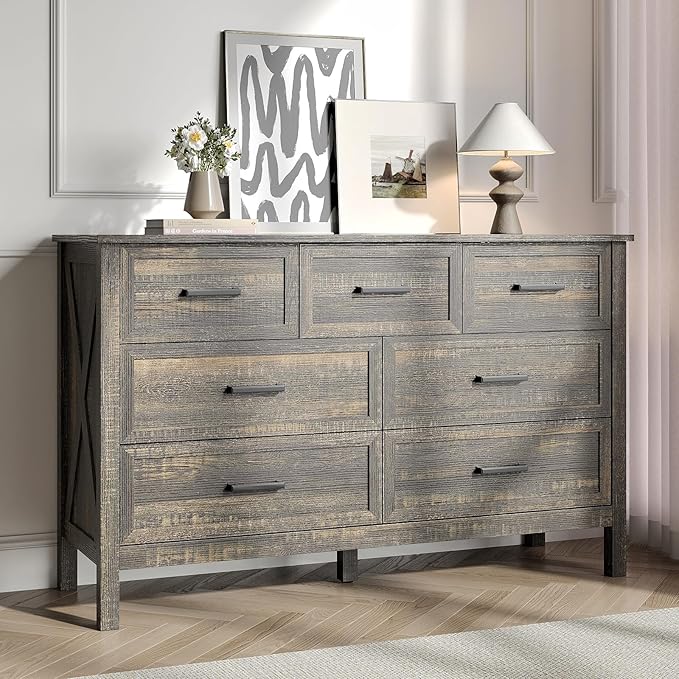 Farmhouse 7 Drawers Dresser for Bedroom, Wood Rustic Wide Chest with Natural Texture, Farmhouse Chest of Drawers for Bedroom, Hallway, Entryway, Dark Brown