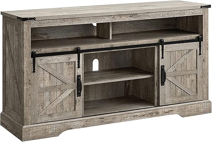 OKD Farmhouse TV Stand for 65+ Inch TV, 33" Tall Highboy Entertainment Center w/Sliding Barn Door, Rustic Media Console w/Storage Shelves, Wood Television Stand for Living Room, Light Rustic Oak