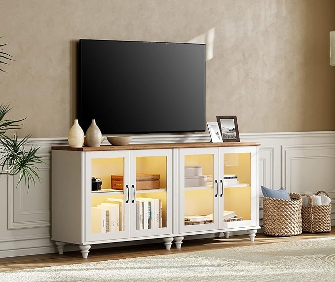 WAMPAT Large TV Stand for TVs up to 100 Inch, Entertainment Center Cabinet for 75/80/85/90 Inch, 4-in-1 Buffet Cabinet With Glass Door for Dining Room & Living Room, White