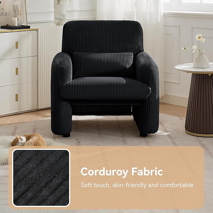 Corduroy Fabric Accent Chairs Set of 2, Modern Upholstered Living Room Chairs with Lumbar Pillow, Wide Comfy Leisure Armchair for Bedroom, Office, Reading, Black