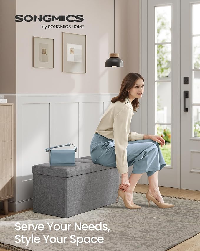 SONGMICS MAZIE Collection - 30 Inches Folding Storage Ottoman Bench, Ottoman Foot Rest, End of Bed Bench, Storage Chest, Load 660 lb, for Living Room, Bedroom, Entryway, Light Gray ULSF47G
