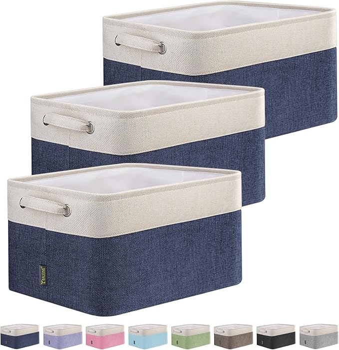 BALEINE 3 Pack Fabric Storage Bins for Shelves, Linen Storage Baskets for Organizing, Decorative Closet Bins for Clothes, Home (Navy Blue, 15"x11"x9.5")