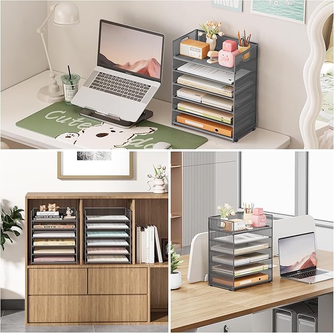 Subekyu 6-Tier Desk Paper Organizer, Desktop File Letter Tray with Handle, Document Sorter and Accessories Holder for Office, Home and School Workspace Organizers, Gray-2 Pack