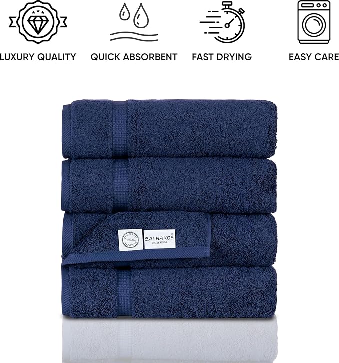 SALBAKOS 100% Turkish Cotton Bath Towel Set of 4 27x54 inch | Heirloom Quality | Hotel & Spa Collection | Ultra Soft, Super Absorbent, Long Lasting Bath Towels | Made in Turkey (Navy, 4 Bath Towels)