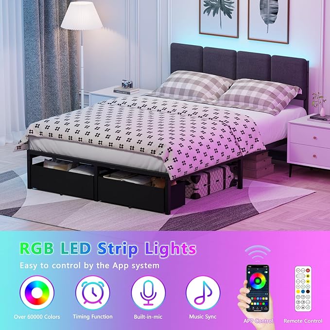 Furnulem Full Size Bed Frame with Headboard,Upholstered Bed Full with LED Light,USB Charging Station,Platform Bedframe with 2 Fabric Underbed Storage Drawers,No Spring Box Needed