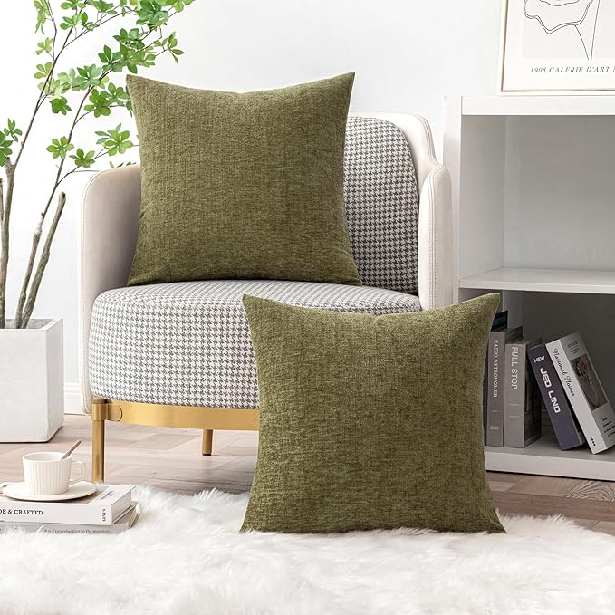 MIULEE Pack of 2 Couch Throw Pillow Covers 16x16 Inch Soft Olive Green Chenille Pillow Covers for Sofa Living Room Solid Dyed Pillow Cases