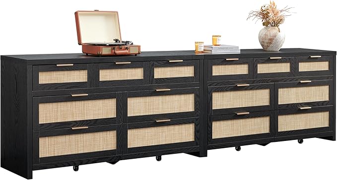 SICOTAS 7 Drawer Dressers for Bedroom Set 2, Long Rattan Dresser, Dresser TV Stand, Closet Organizer Chest of Drawers, Clothes Storage Dressers (Black Oak, 7 Drawers (2 pcs))