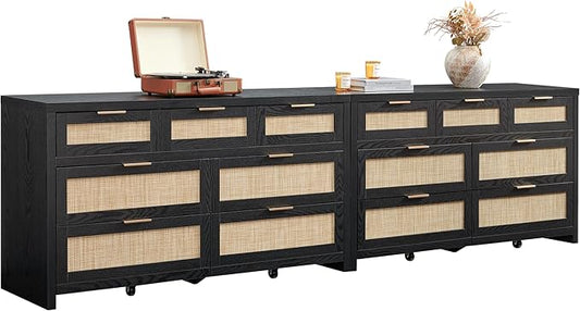 SICOTAS 7 Drawer Dressers for Bedroom Set 2, Long Rattan Dresser, Dresser TV Stand, Closet Organizer Chest of Drawers, Clothes Storage Dressers (Black Oak, 7 Drawers (2 pcs))