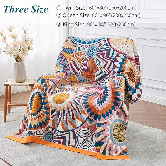 Boho Throw Blanket for Bed-100% Cotton Soft Breathable Farmhouse Decor Boho Quilt for Sofa (Colorful Sun, 90"x98")