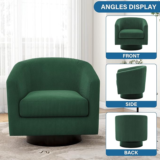 UIXE Swivel Accent Chair, Upholstered Corduroy Barrel Chair for Living Room, Small Single Sofa Bedroom Reading Seat, Dark Green