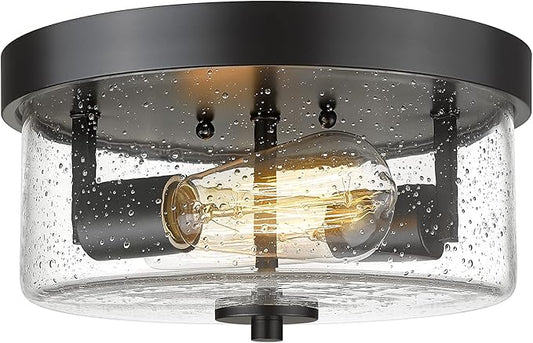 Emak Matte Black 2 Light Flush Mount Ceiling Light Fixture, 11 Inch Close to Ceiling Light Fixtures with Seeded Glass Shades for Hallway, Kitchen, Bathroom, Dining Room, FM082-BK