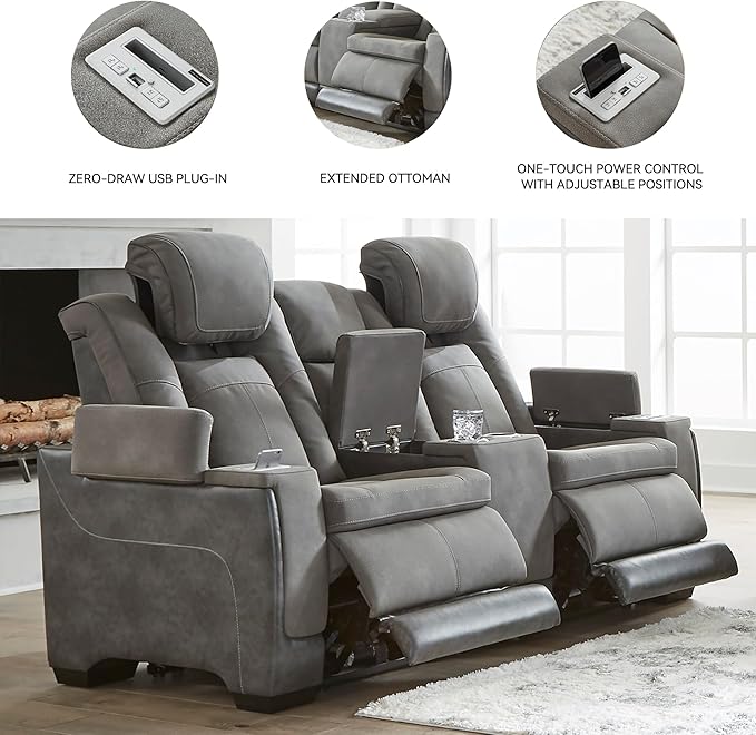 Signature Design by Ashley Next-Gen DuraPella Modern Faux Leather Power Reclining Loveseat with Console & Adjustable Headrest, Gray