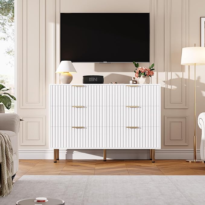 White 6 Drawer Dresser for Bedroom, Fluted 47.2" Wide Modern Chest of Drawers with Deep Drawers, Long Large Double Dresser TV Stand for Living Room, Hallway, Kids Room