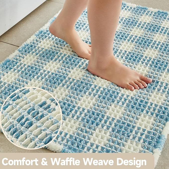 Waffle Bath Mat, Boho Bathroom Rugs Non Slip Washable Absorbent Checkered Bathroom Mat Quick Dry Cute Bath Mat, 48"x24" Blue and White