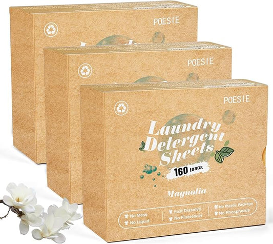 Poesie Laundry Detergent Sheets Magnolia Scent 3 Pack 480 Strips Liquid Less Effective Cleaning Zero Waste for All Washing Machine Traveling Dorm Life Save Space