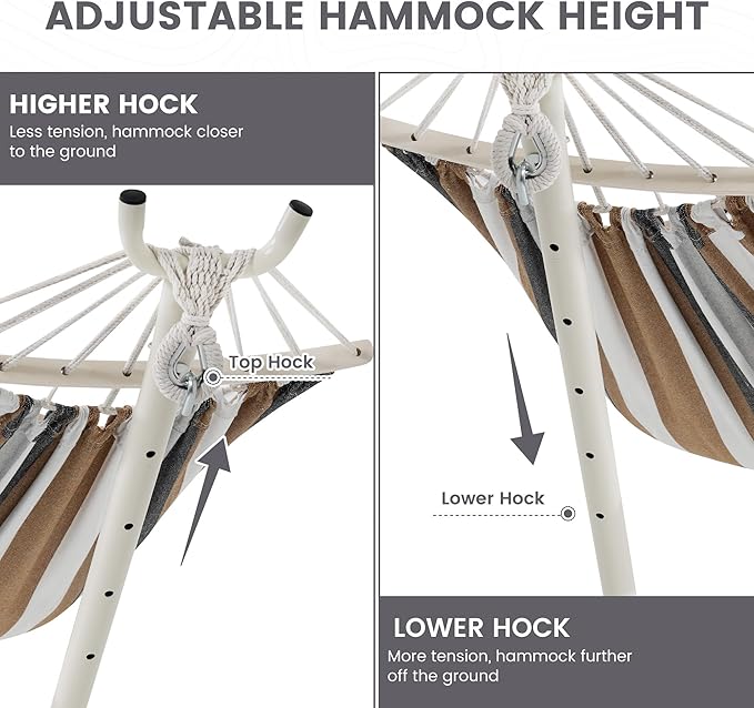LazyDaze Hammocks Double Hammock with Stand - 2 Person Heavy Duty Outdoor Hammock for Adults, Includes Durable Steel Stand, Portable Carrying Bag and Pillow, Brown Stripes