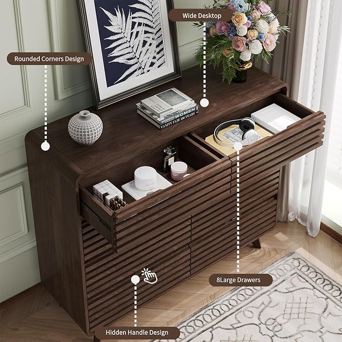 Fluted Dresser for Bedroom, Wide 8 Drawers Dresser, Chests of Drawers with Grille & Curved Design, Dressers Slides Pre-Installed, Large Wood Drawer Organizer for Bedroom Hallway, Dark Walnut