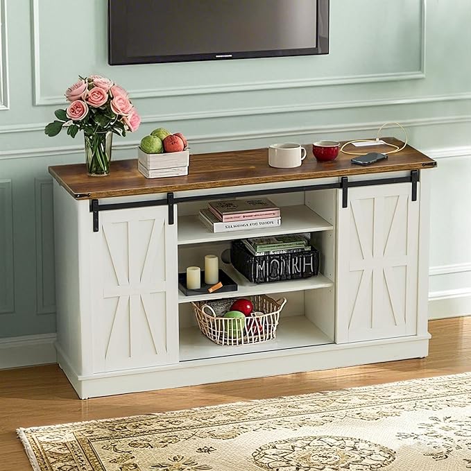 Farmhouse TV Stand for 65 inch TV, Rustic Wood Entertainment Center with Power Outlets & Sliding Barn Doors Media Consoles Cabinet 3 Adjustable Shelves for Living Room, Rustic White