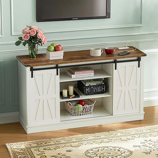 Farmhouse TV Stand for 65 inch TV, Rustic Wood Entertainment Center with Power Outlets & Sliding Barn Doors Media Consoles Cabinet 3 Adjustable Shelves for Living Room, Rustic White