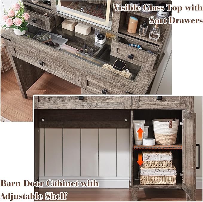 42'' Farmhouse Makeup Vanity Desk with Sliding Mirror and Lights, Glass Tabletop Vanity Table with Barn Door, 4 Drawers & Hidden Shelves, Rustic Big Vanity Women Dressing Table, Light Oak