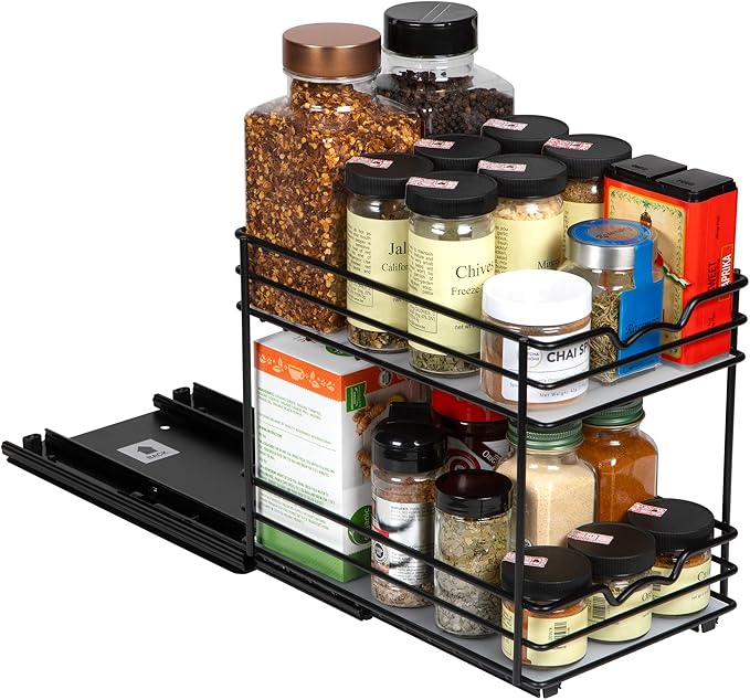 Pull Out Cabinet Organizer for Spices, Cans - Heavy Duty with Lifetime Limited Warranty- Pull Out Spice Rack- Cabinet Pull Out Shelf for Cans,Dishes, Etc, 6-1/2"Wx10-3/8"Dx8-7/8"H, Black