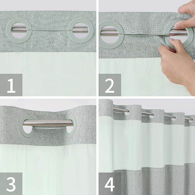 No Hooks Needed Linen Textured Shower Curtain with Snap-in Fabric Liner Set,Sage Green Hotel Luxury Decor Shower Curtains for Bathroom,Water Repellent & Washable,71Wx77H