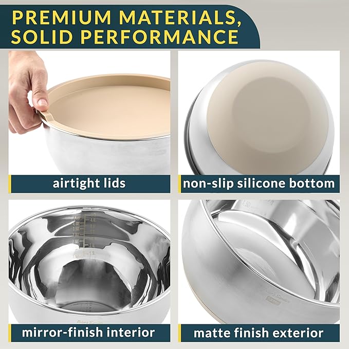 Stainless Steel Mixing Bowls with Lids Set, 5 Sizes, 3 Graters, Non-Slip Base, Airtight Lids, Metal Mixing Bowls for Kitchen, Food Prep, Storage, 0.63QT-5QT, Khaki