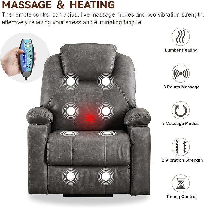 SALOHZA Power Lift Recliner Chair for Elderly with Massage and Heat for Living Room, Electric Recliner Chair for Adults with USB/Type C Port/Cup Holders, PU Faux Leather, Grey