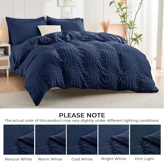 HYMOKEGE Navy Blue California King Comforter Set Seersucker 7 Pieces, All Season Luxury Bed in a Bag for Bedroom, Bedding Set with Comforters, Sheets, Pillowcases & Shams
