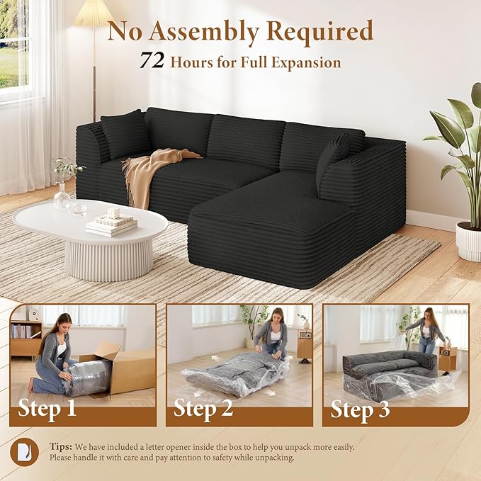 Vesgantti 106" Modular Sectional Sofa with Chaise, Deep Seat Comfy Cloud Couch Corduroy L Shaped Sofa Sectional Couches for Living Room Bedroom, No Assembly Required (Black, Right-Facing Chaise)